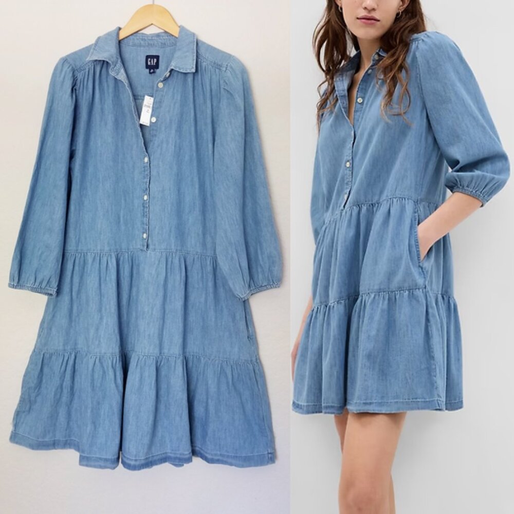 NEW Gap Puff Sleeve Denim Mini Shirtdress M Tall Long Chambray Tiered Boho $80 - Picture 4 of 15